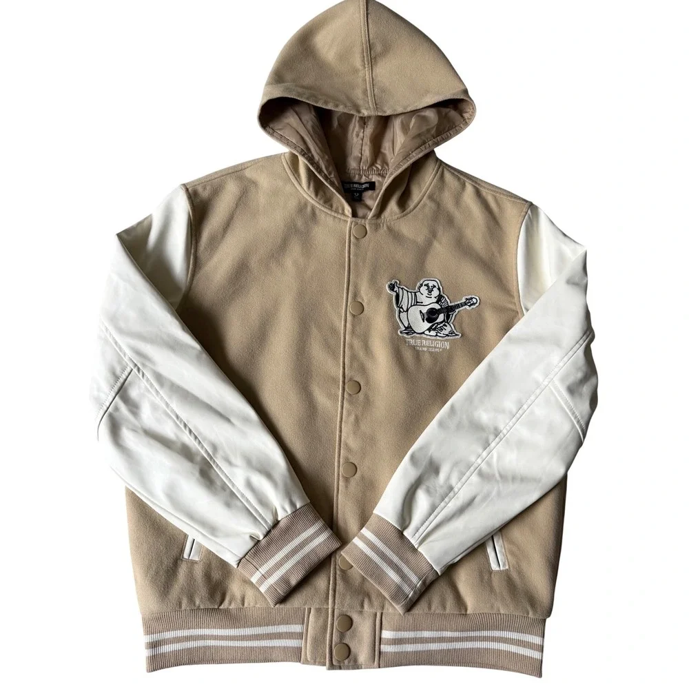 True Religion Varsity Jacket Two Toned Buddha Hooded Cream White Men's Medium